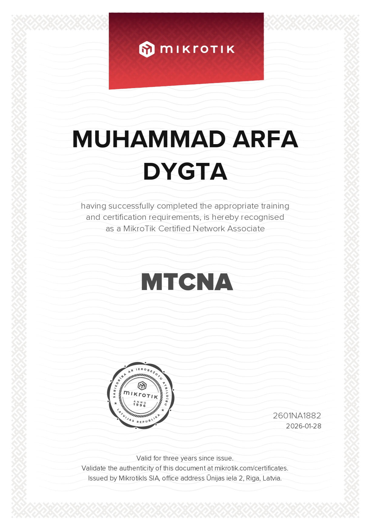MikroTik Certified Network Associate (MTCNA) | Jan 2026